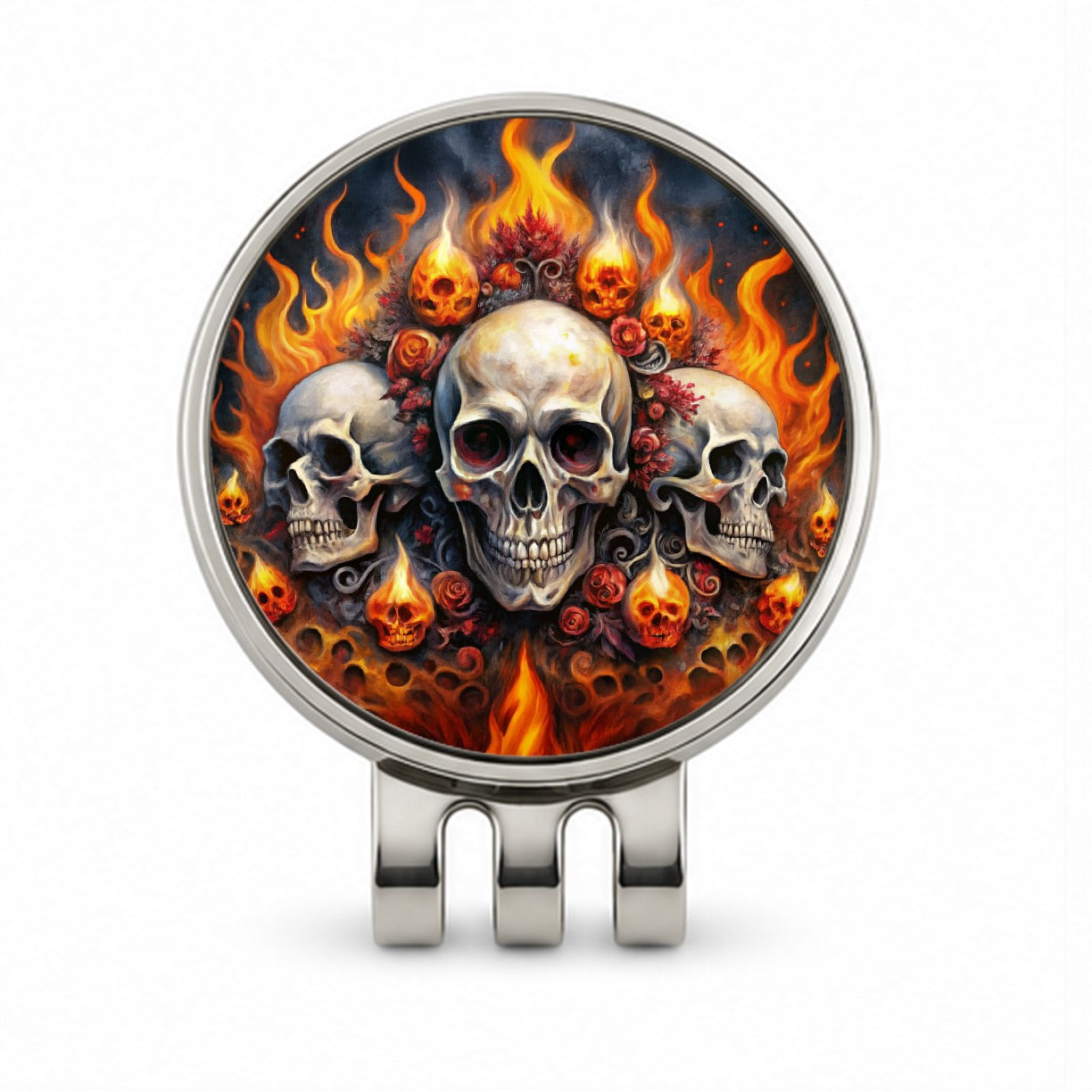 Gothic Skulls And Flames Watercolor Golf Hat Clip with Ball Marker