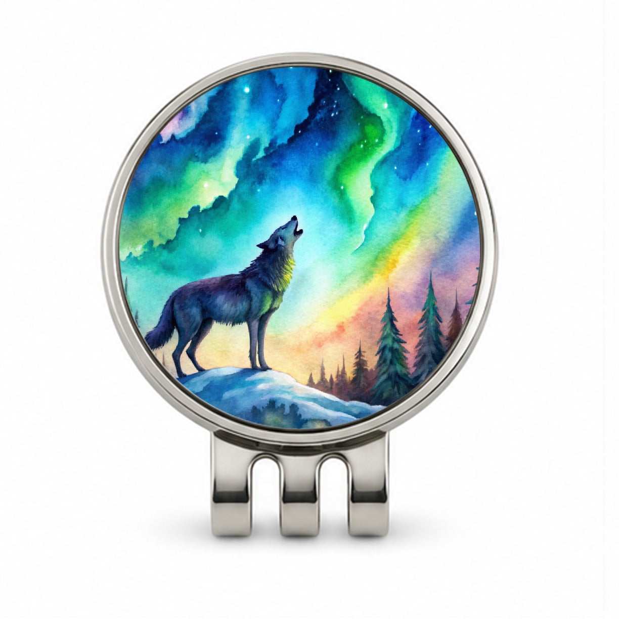 Howling Wolf And Northern Lights Watercolor Golf Hat Clip with Ball Marker
