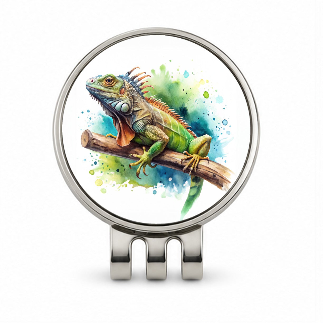Iguana Lizard On Branch Reptile Watercolor Golf Hat Clip with Ball Marker