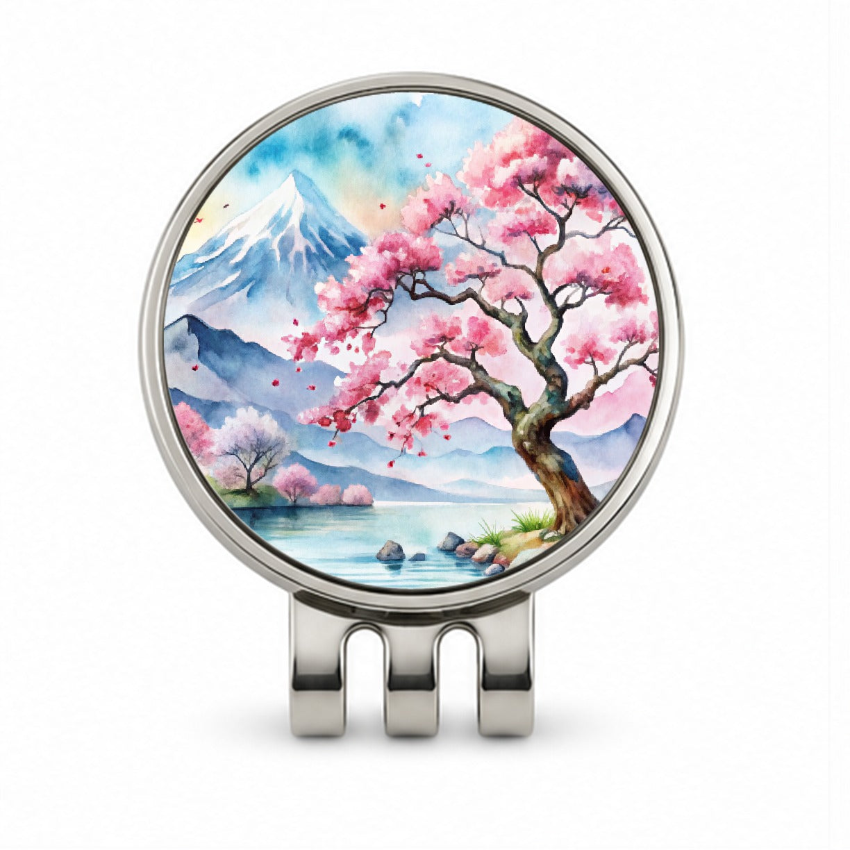 Japanese Cherry Blossom Tree Scene Watercolor Golf Hat Clip with Ball Marker