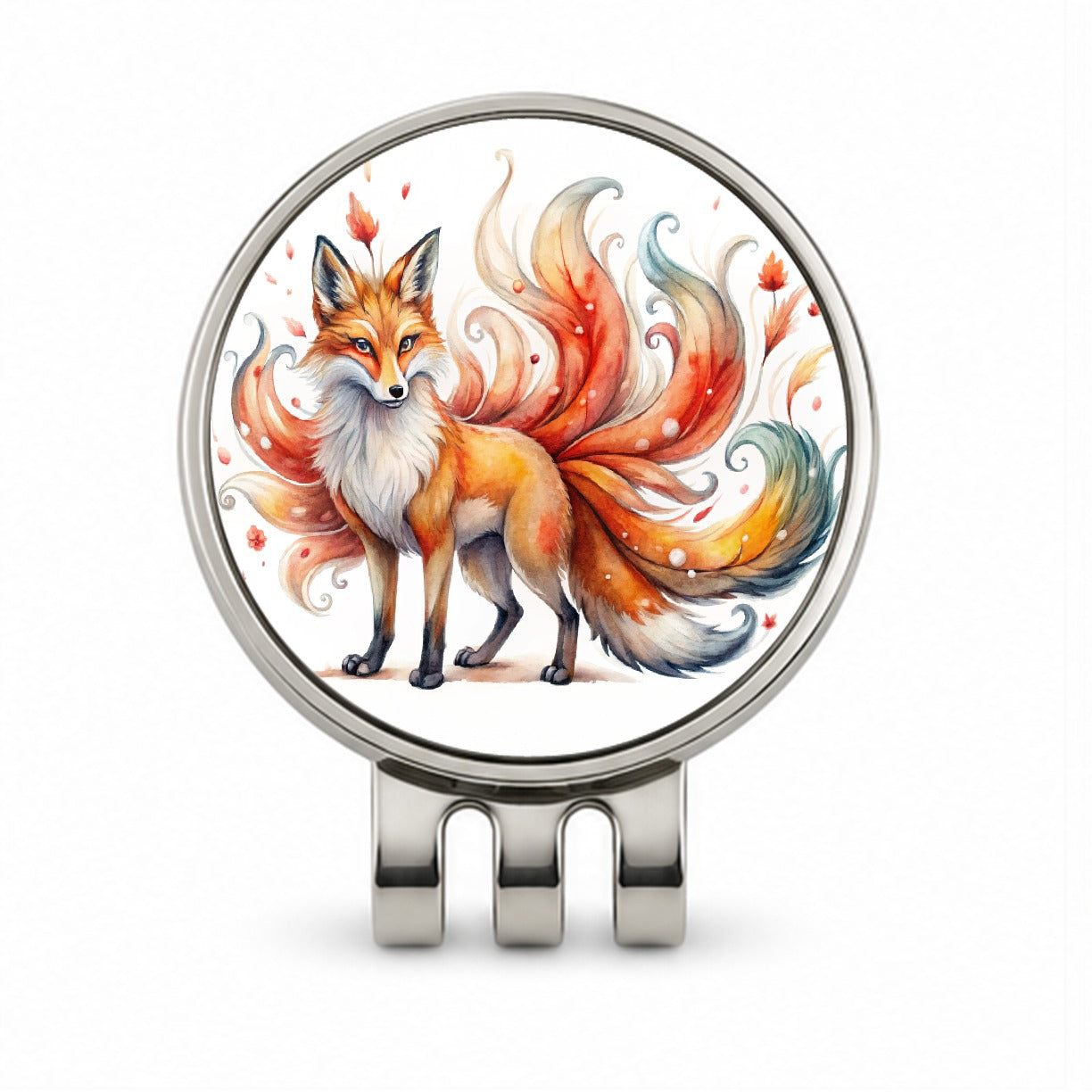 Kitsune Fox With Many Tails Asian Japanese Spirit Folklore Watercolor Golf Hat Clip with Ball Marker