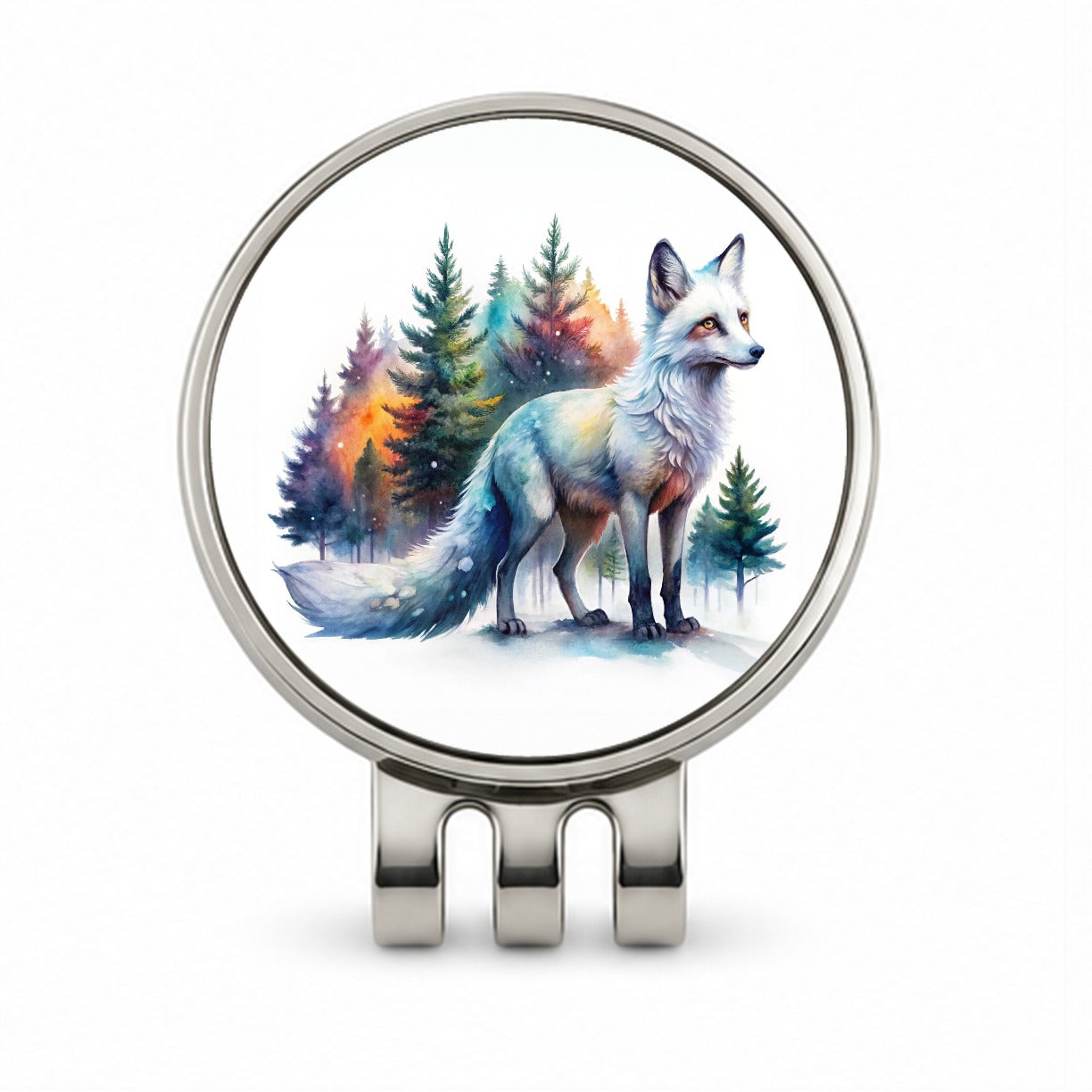 Kitsune White Fox Asian Japanese In Forest Watercolor Golf Hat Clip with Ball Marker