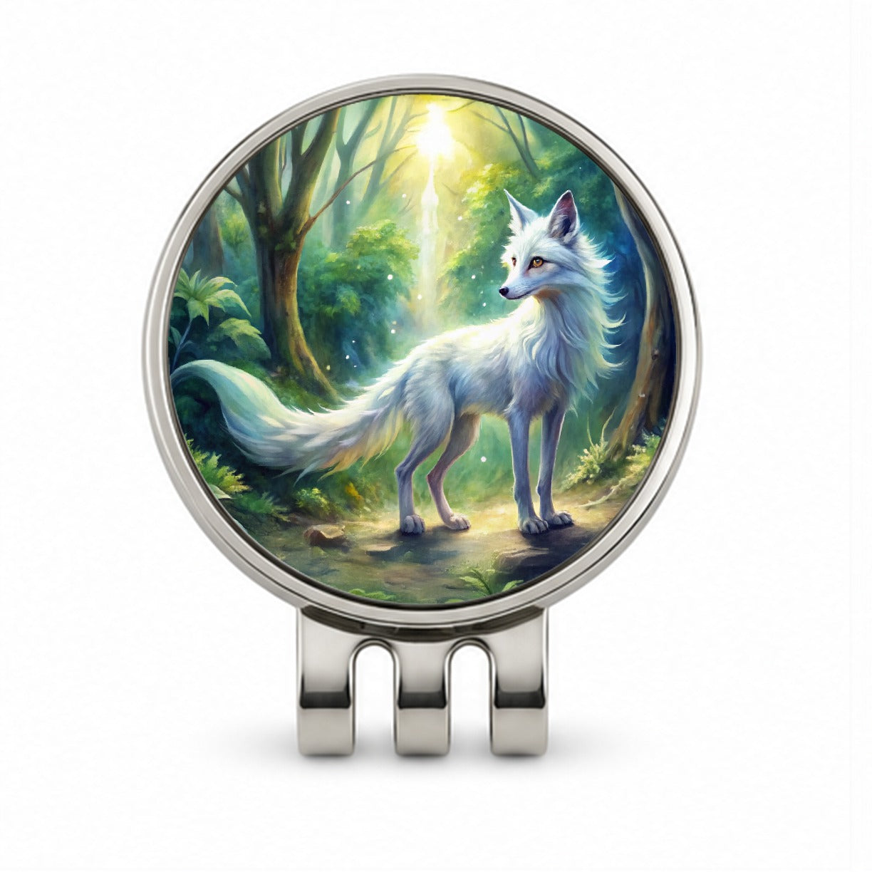 Kitsune White Fox Fantasy Japanese In Forest Watercolor Golf Hat Clip with Ball Marker