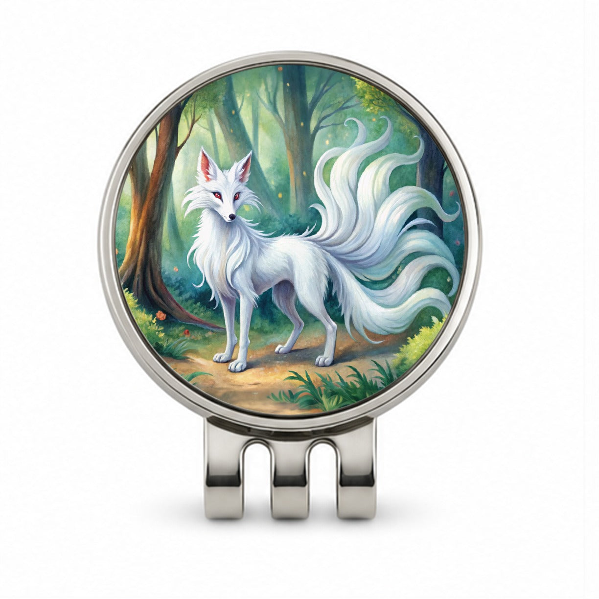 Kitsune White Fox With Many Tails Japanese Spirit Animal Watercolor Golf Hat Clip with Ball Marker