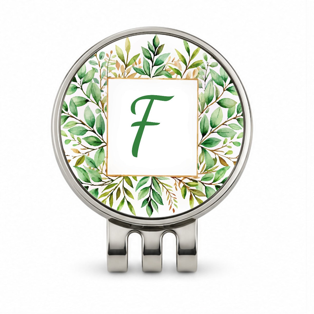 Letter F Initial Monogram Frame Leaf Golf Hat Clip with Ball Marker