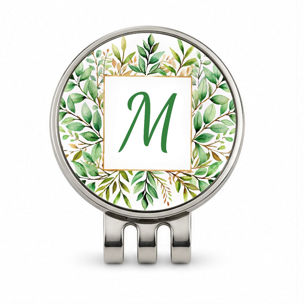 Letter M Initial Monogram Frame Leaf Golf Hat Clip with Ball Marker