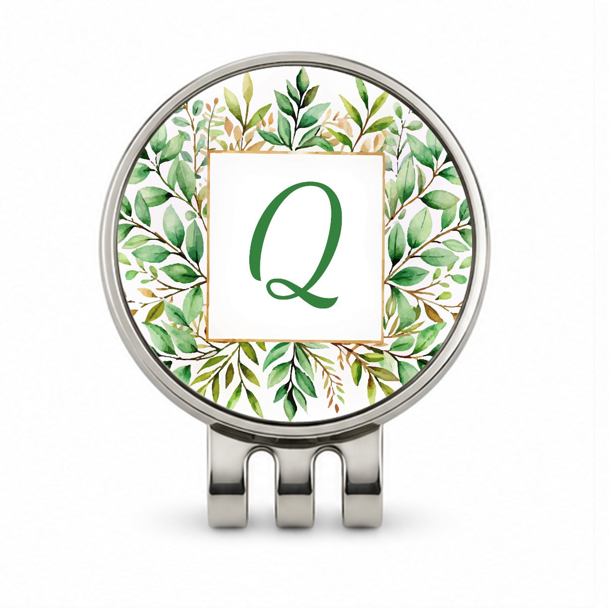 Letter Q Initial Monogram Frame Leaf Golf Hat Clip with Ball Marker