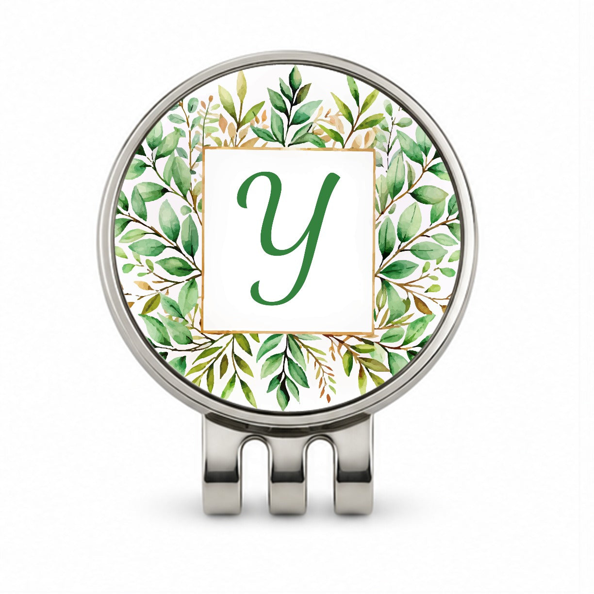Letter Y Initial Monogram Frame Leaf Golf Hat Clip with Ball Marker