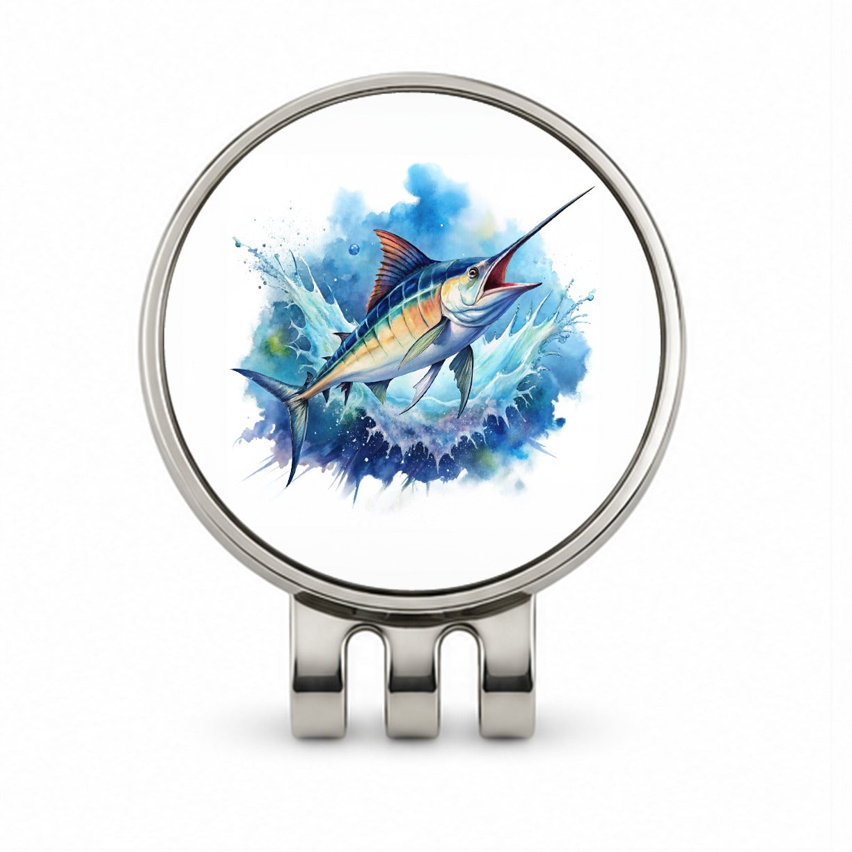 Marlin Jumping In The Ocean Deep Sea Sport Fishing Watercolor Golf Hat Clip with Ball Marker