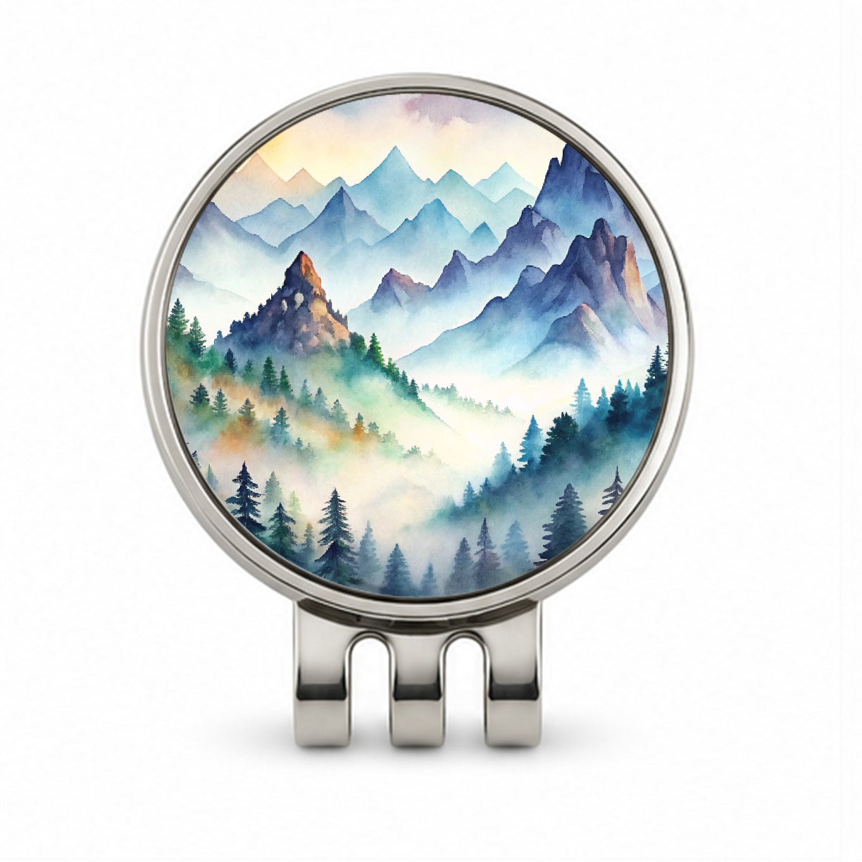 Mist Covered Mountains Misty Watercolor Golf Hat Clip with Ball Marker