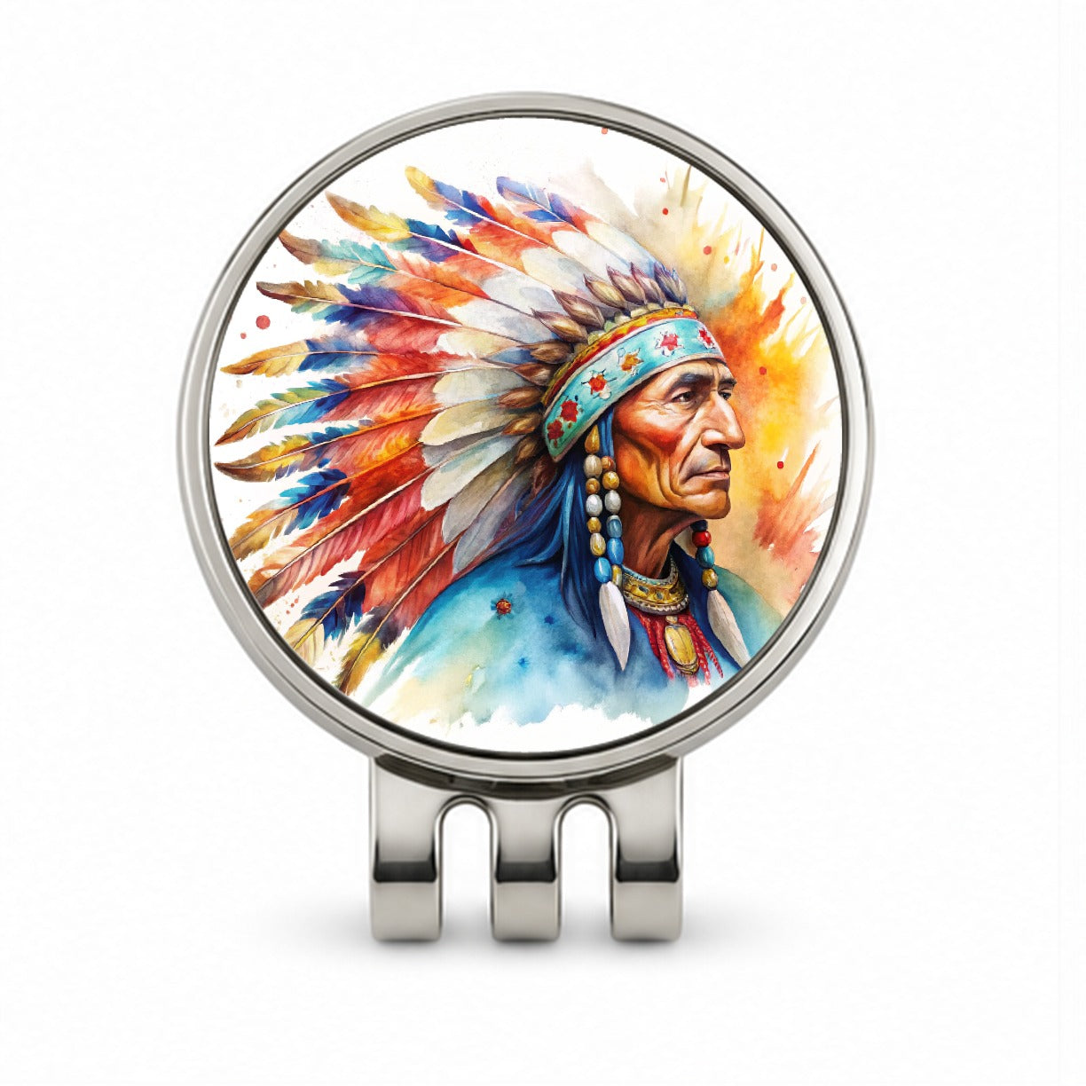 Native American Indian Chief Feather Headdress Watercolor Golf Hat Clip with Ball Marker