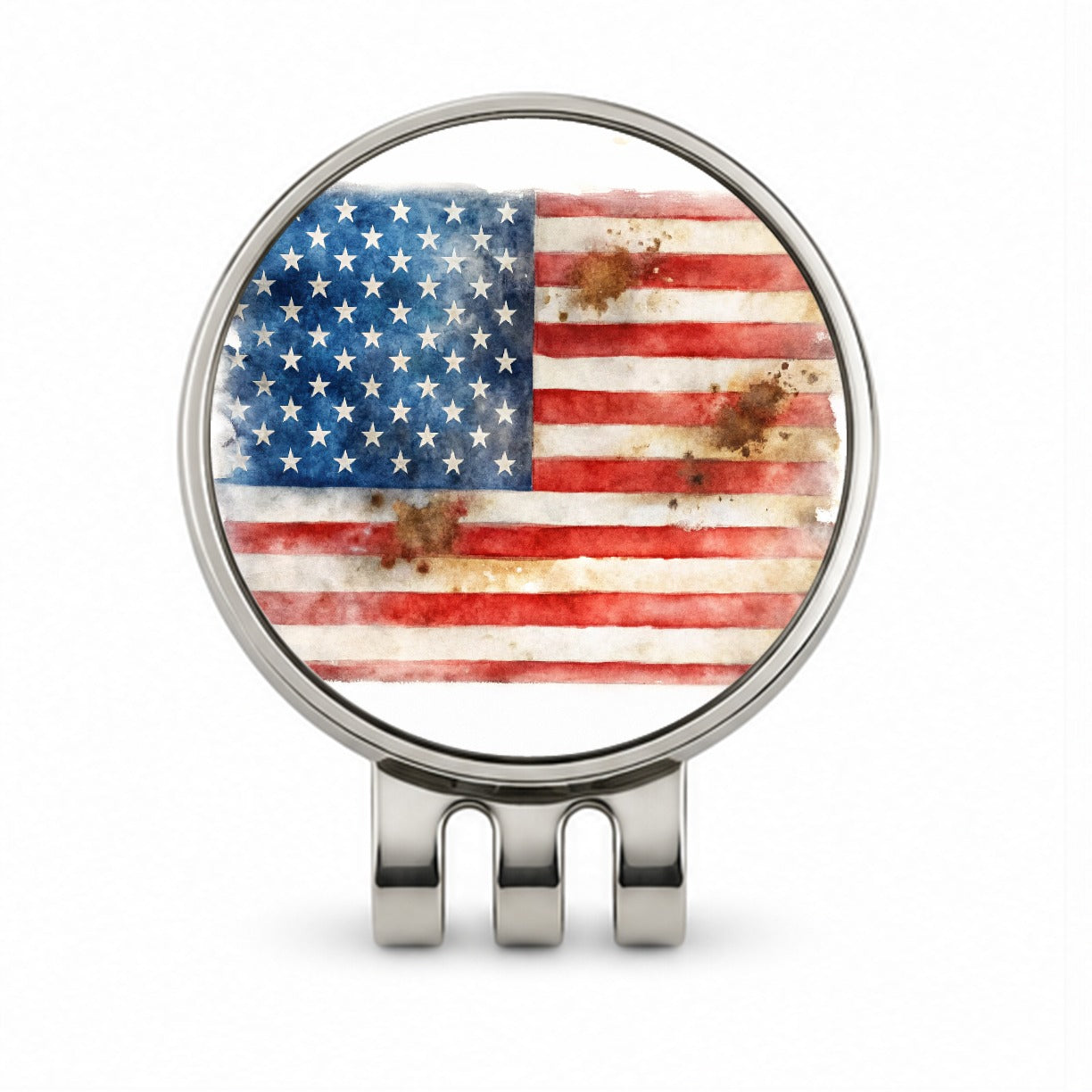 Patriotic Rustic Worn American Flag Watercolor Golf Hat Clip with Ball Marker