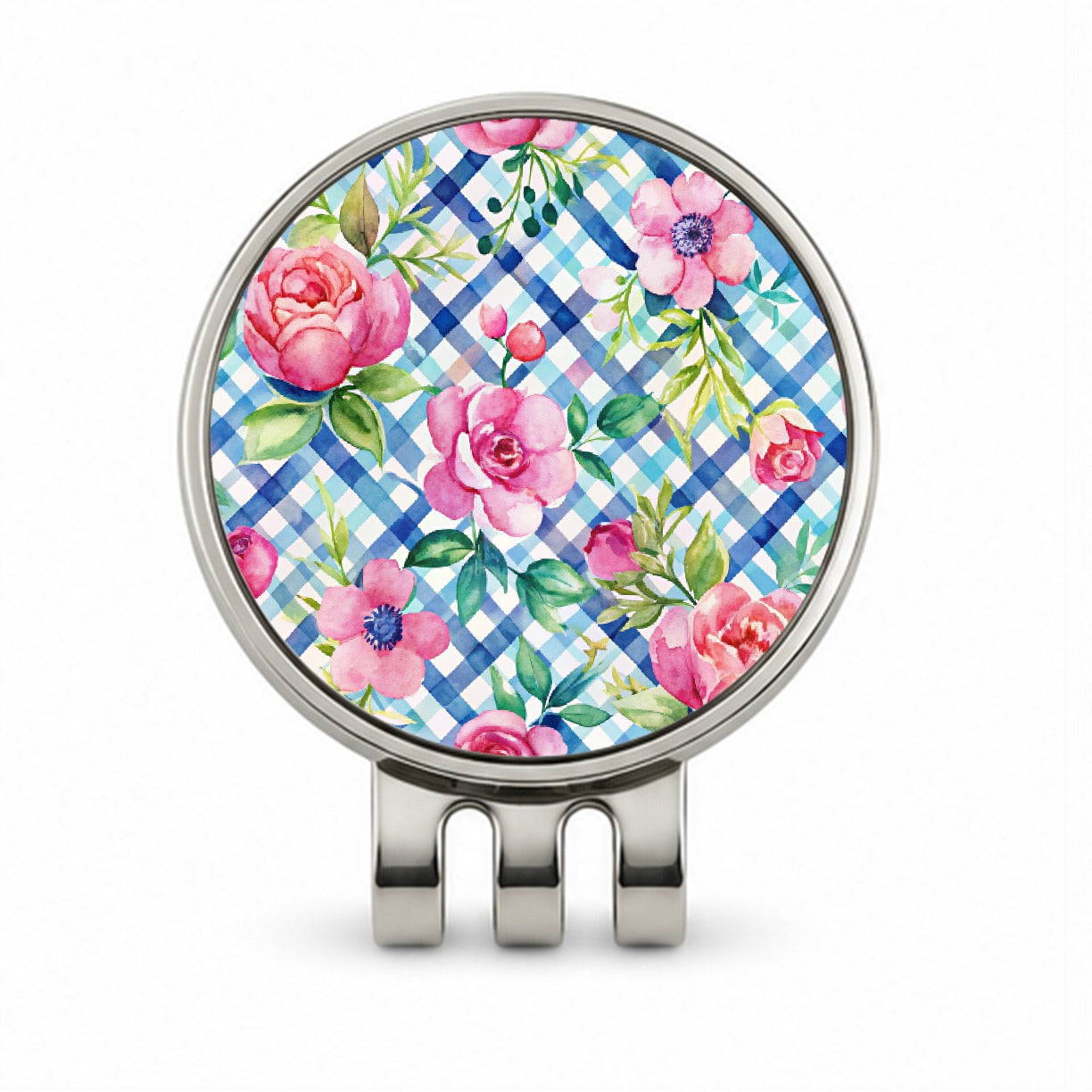 Preppy Pink Flowers Blue Gingham Plaid Golf Hat Clip with Ball Marker