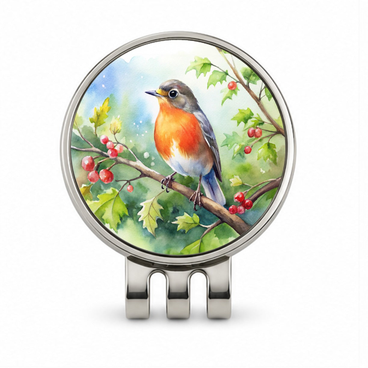 Robin In Tree Bird Watercolor Golf Hat Clip with Ball Marker