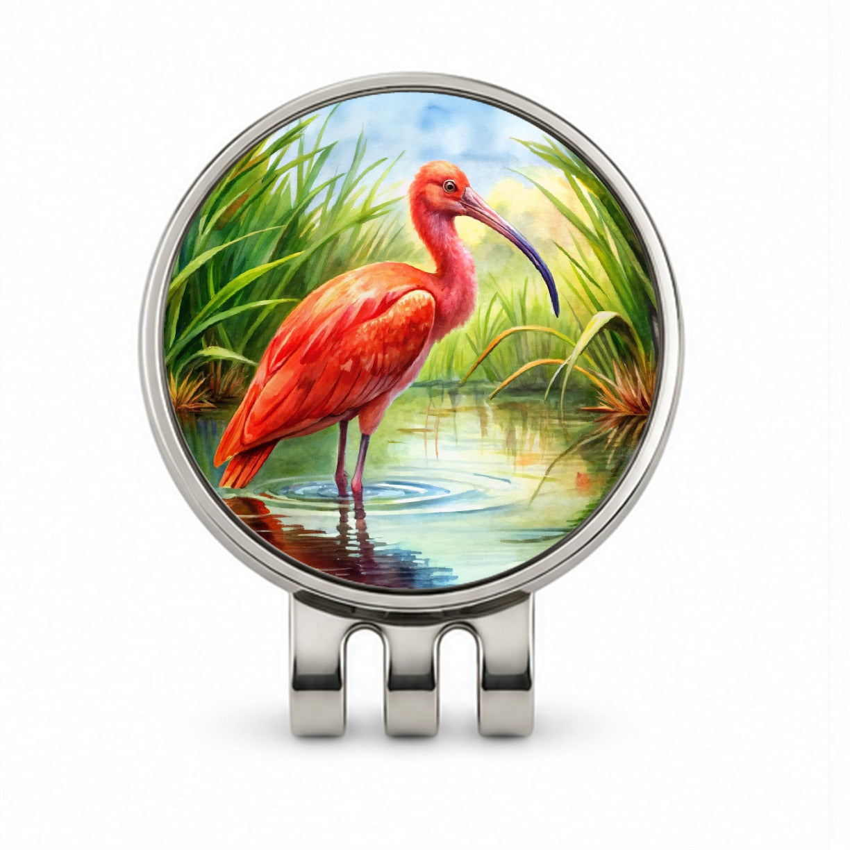 Scarlet Ibis In Marsh Bird Watercolor Golf Hat Clip with Ball Marker