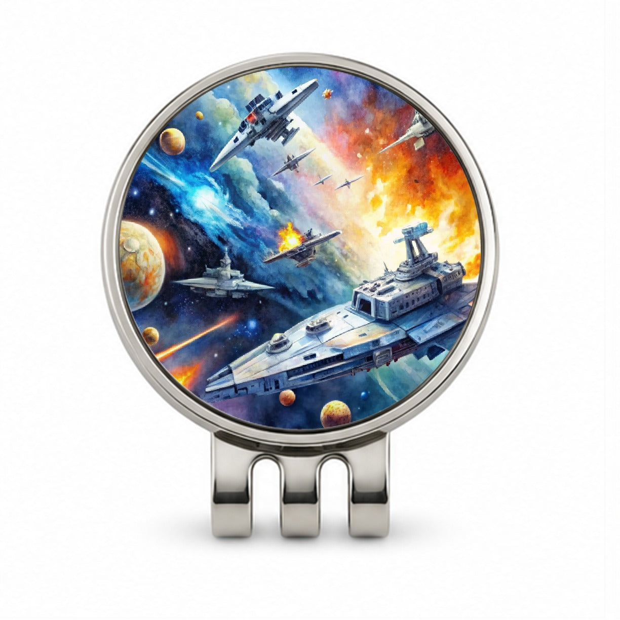 Sci-fi Space Battle Watercolor Golf Hat Clip with Ball Marker
