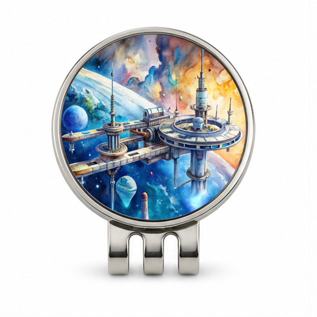 Sci-fi Space Station In Orbit Watercolor Golf Hat Clip with Ball Marker