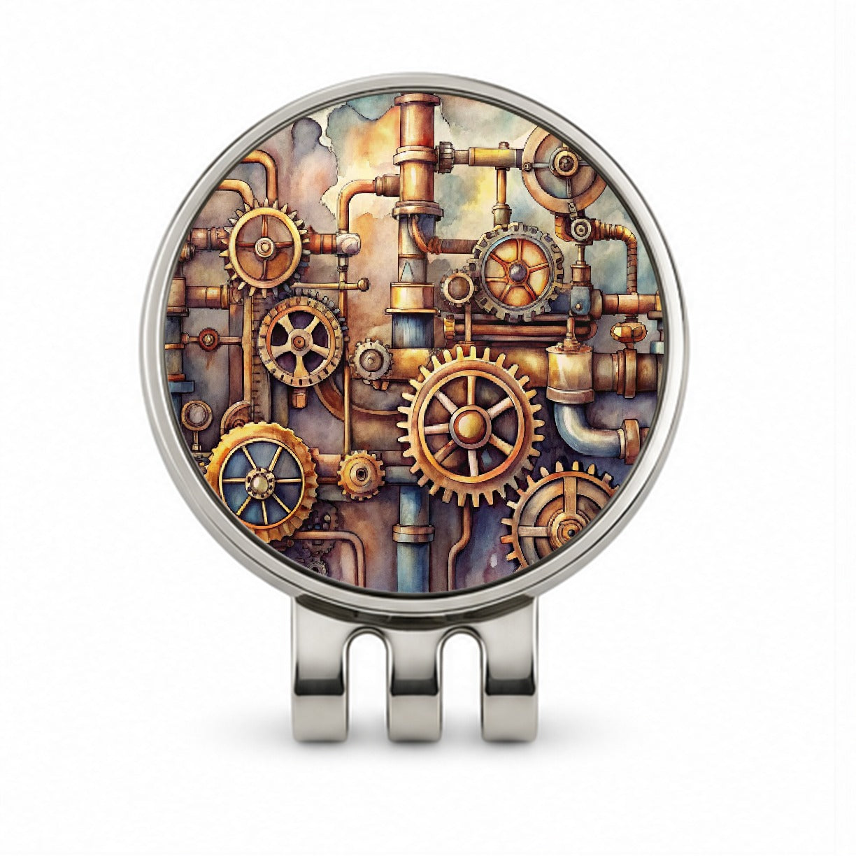 Sci-fi Steampunk Gears Pipes Watercolor Golf Hat Clip with Ball Marker