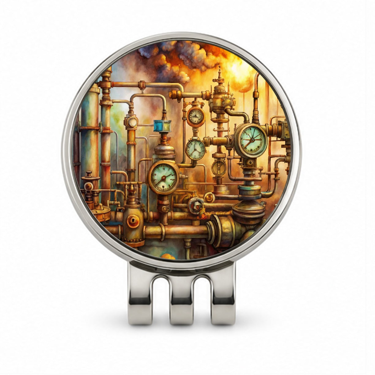 Sci-fi Steampunk Pipes Gauges Steam Fire Watercolor Golf Hat Clip with Ball Marker