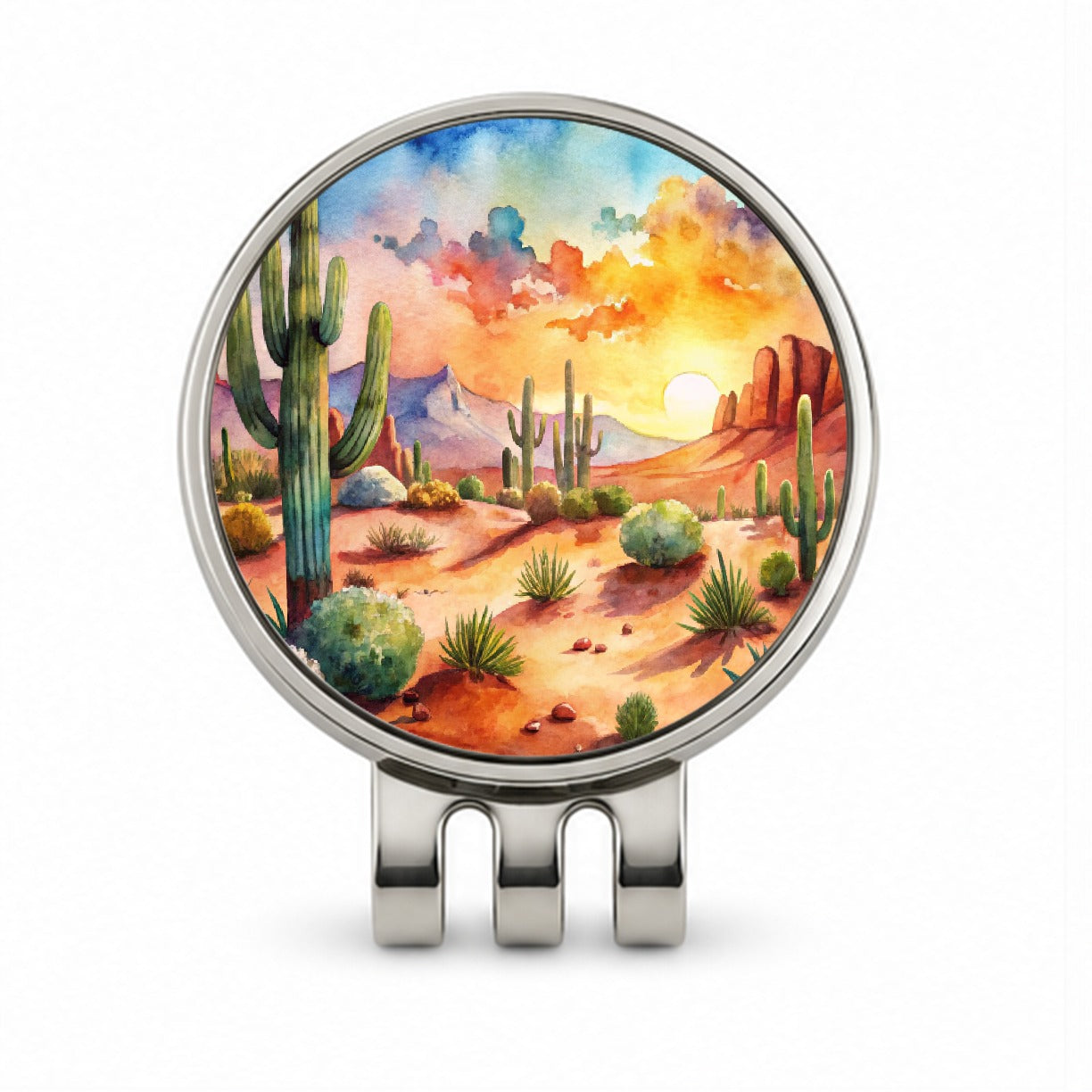 Southwest Desert Cactus Watercolor Golf Hat Clip with Ball Marker