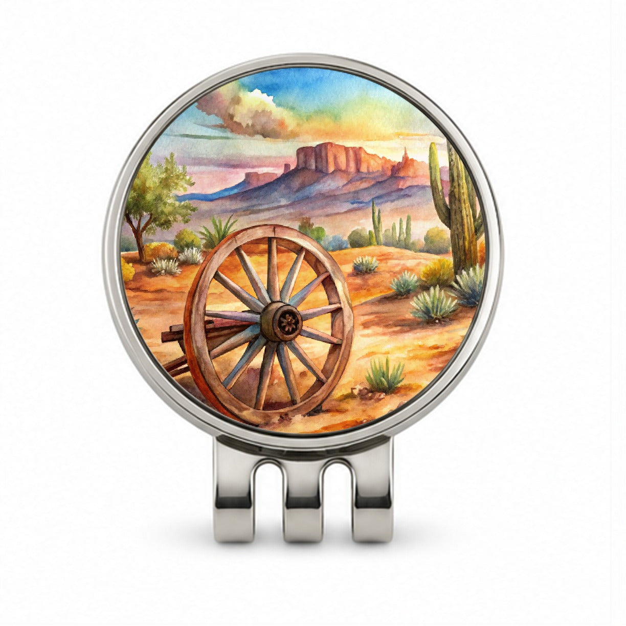 Southwest Desert With Abandoned Wagon Wheel Watercolor Golf Hat Clip with Ball Marker