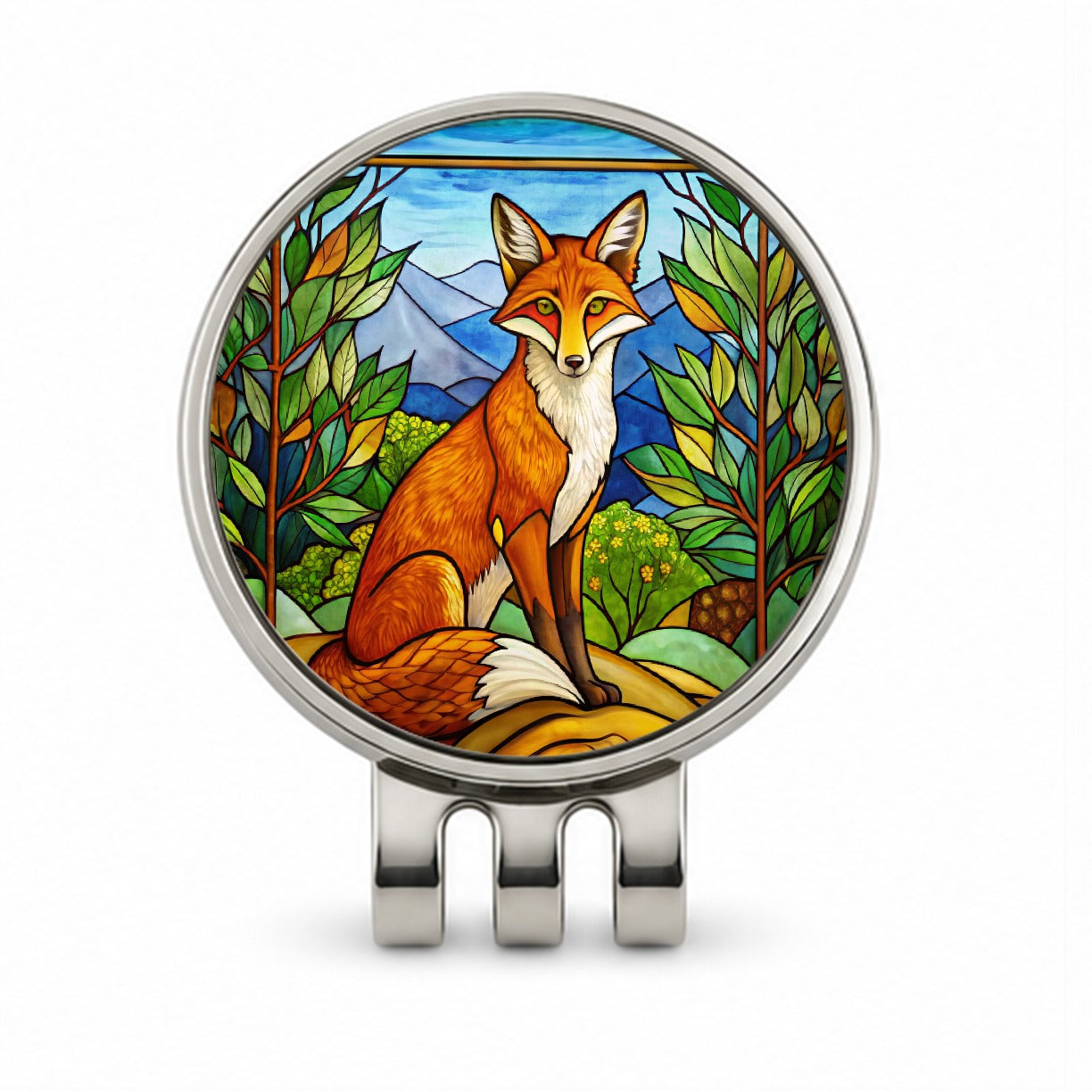 Stained Glass Fox Sitting Golf Hat Clip with Ball Marker