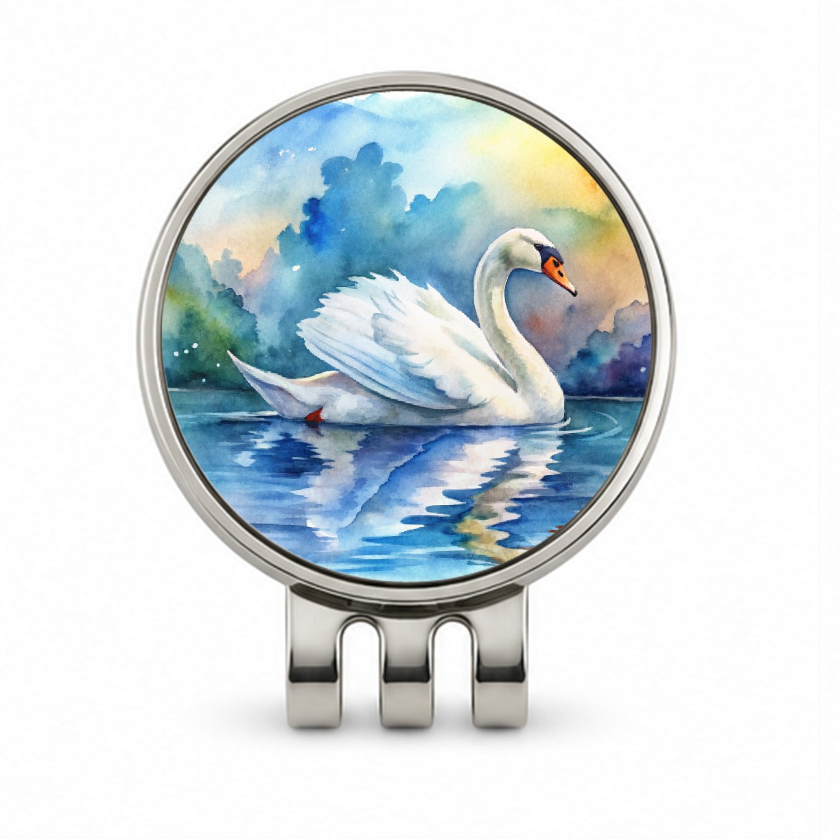 Swan Gliding Across Lake Watercolor Golf Hat Clip with Ball Marker