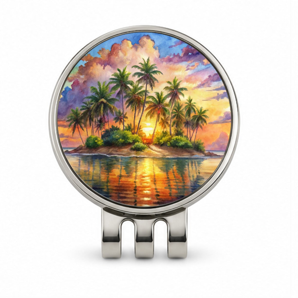 Tropical Deserted Island At Sunrise Watercolor Golf Hat Clip with Ball Marker