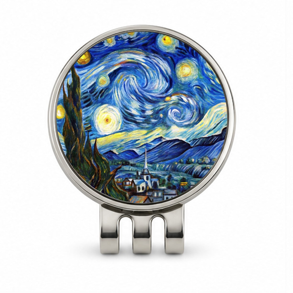 Watercolor Faux Van Gogh Starry Night Golf Hat Clip with Ball Marker