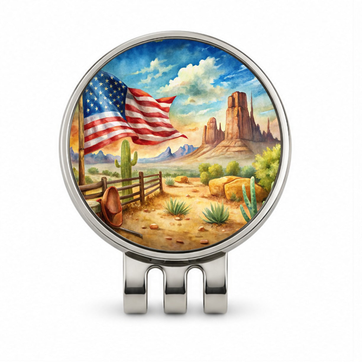Western Americana American Flag Country Watercolor Golf Hat Clip with Ball Marker