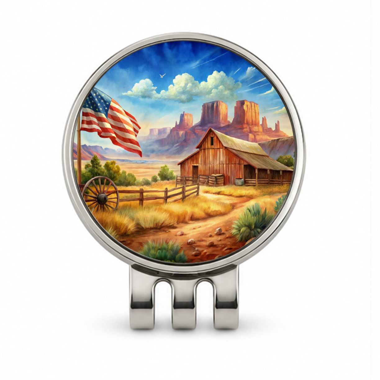 Western Americana Country Flag Ranch Wagon Wheel Golf Hat Clip with Ball Marker