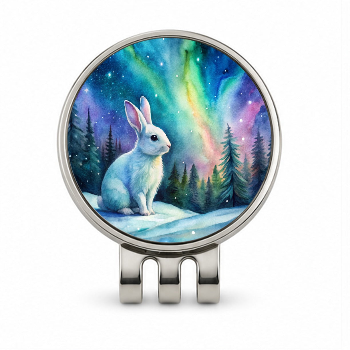 White Bunny Rabbit And Northern Lights Watercolor Golf Hat Clip with Ball Marker