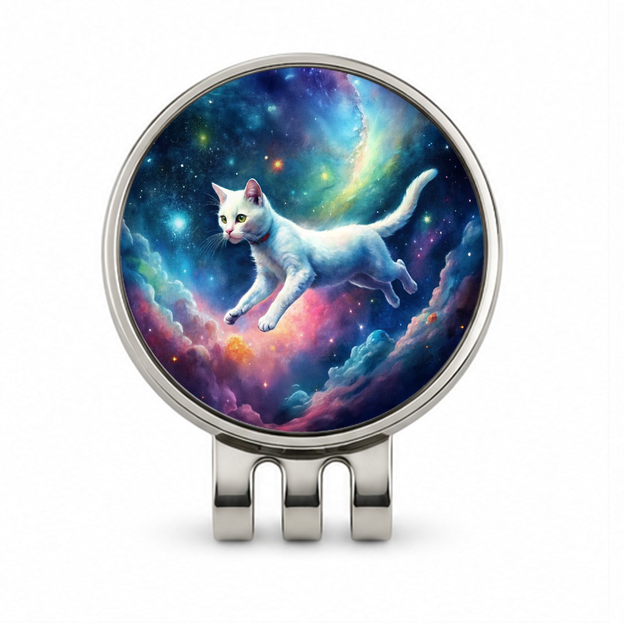 White Cat Flying Through Space Funny Watercolor Golf Hat Clip with Ball Marker