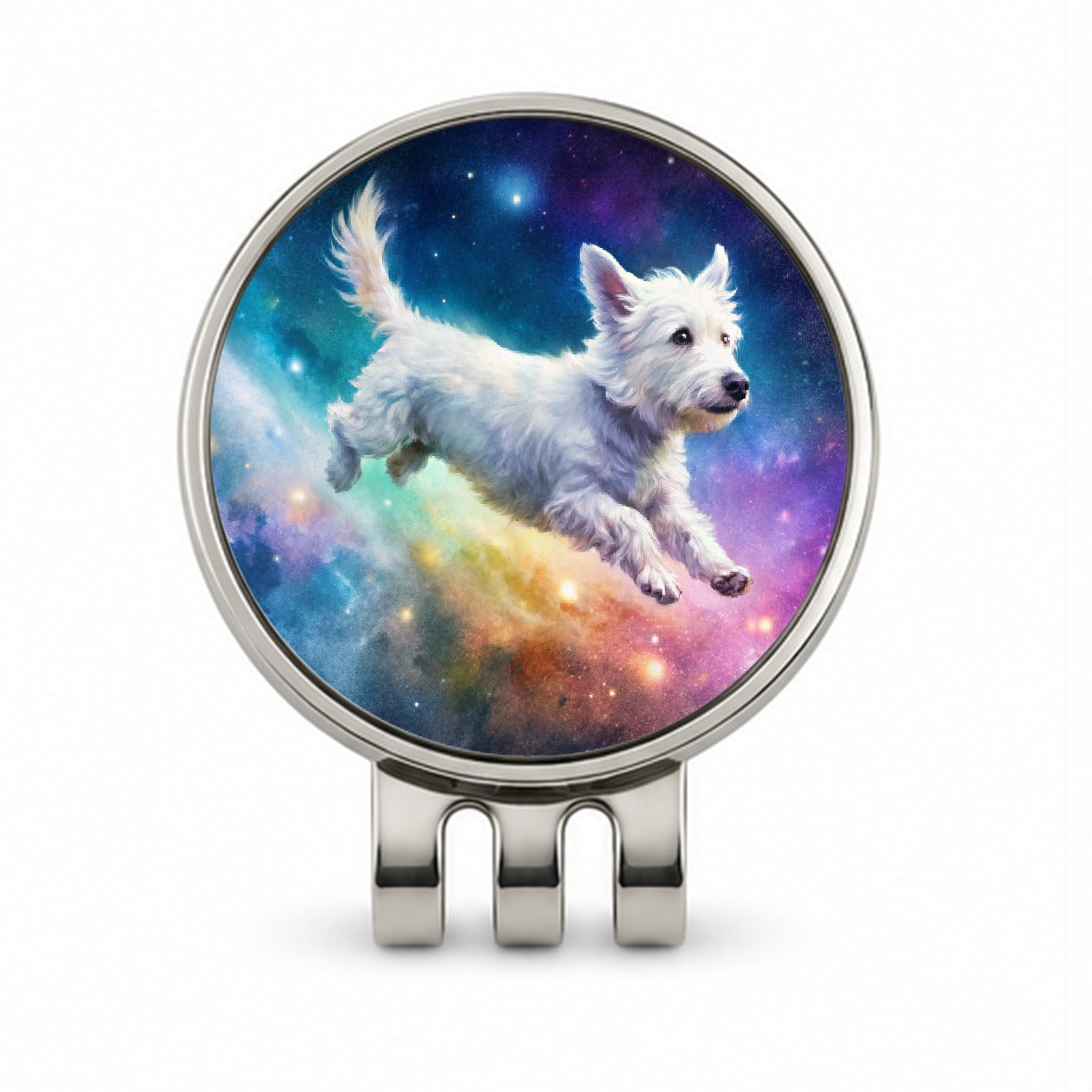 White Dog Flying Through Space Funny Watercolor Golf Hat Clip with Ball Marker