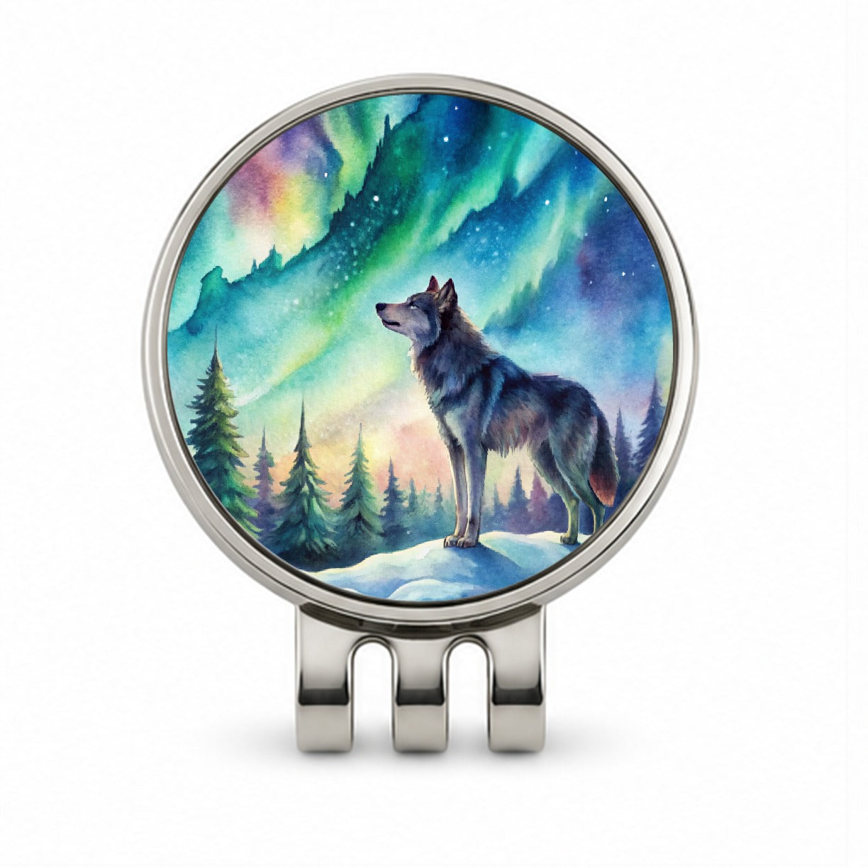 Wolf And Northern Lights Watercolor Golf Hat Clip with Ball Marker