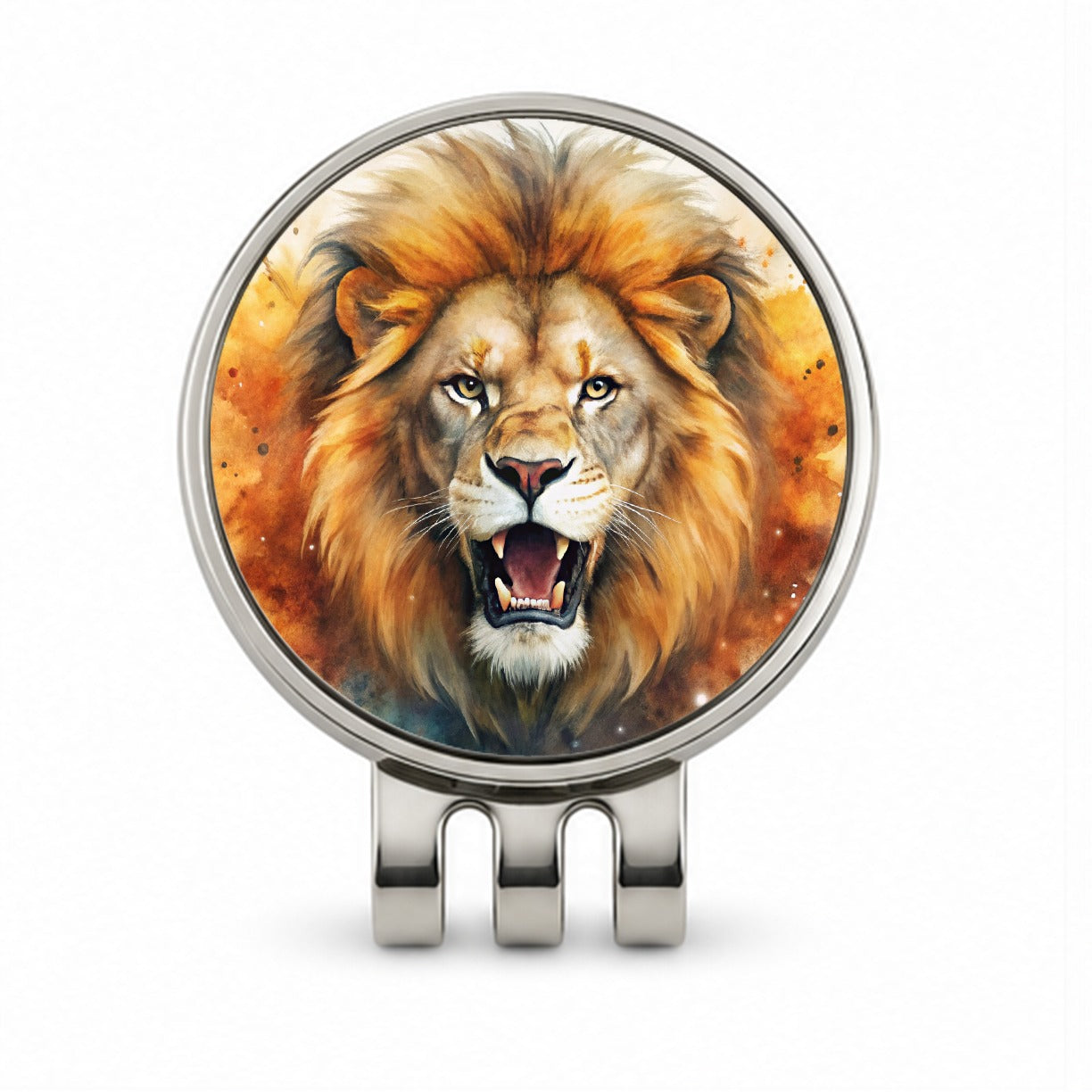 Angry Male Lion Watercolor Golf Hat Clip with Ball Marker