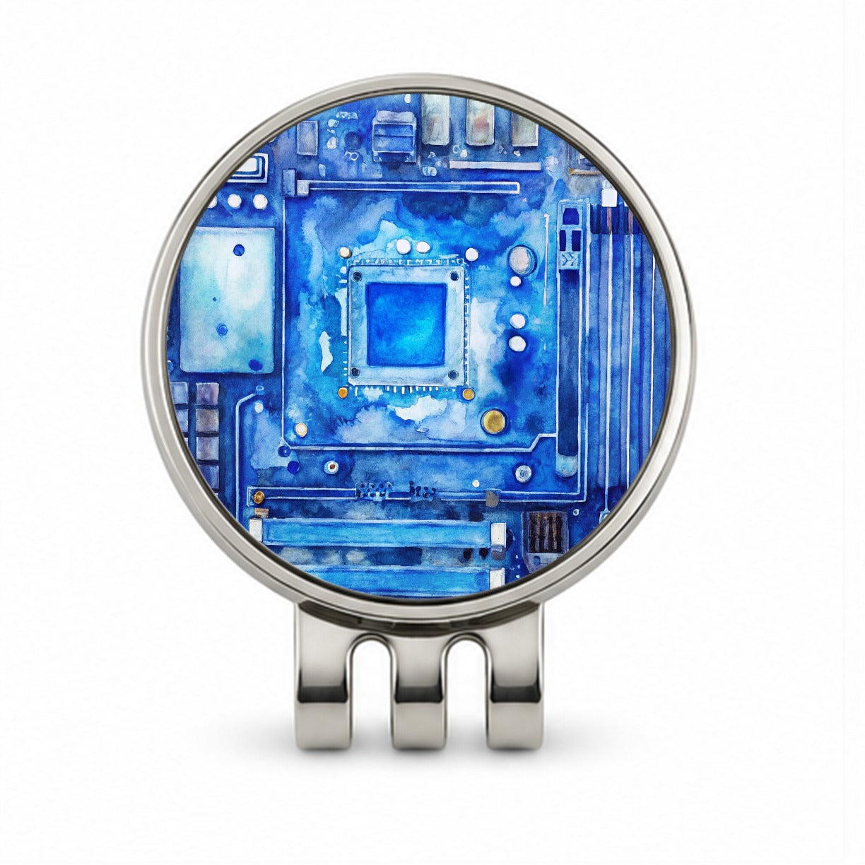 Blue Computer Motherboard Watercolor Golf Hat Clip with Ball Marker
