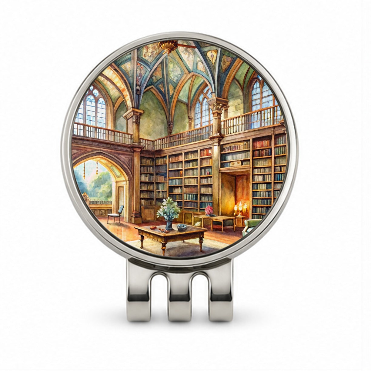 Castle Library Books Reading Watercolor Golf Hat Clip with Ball Marker