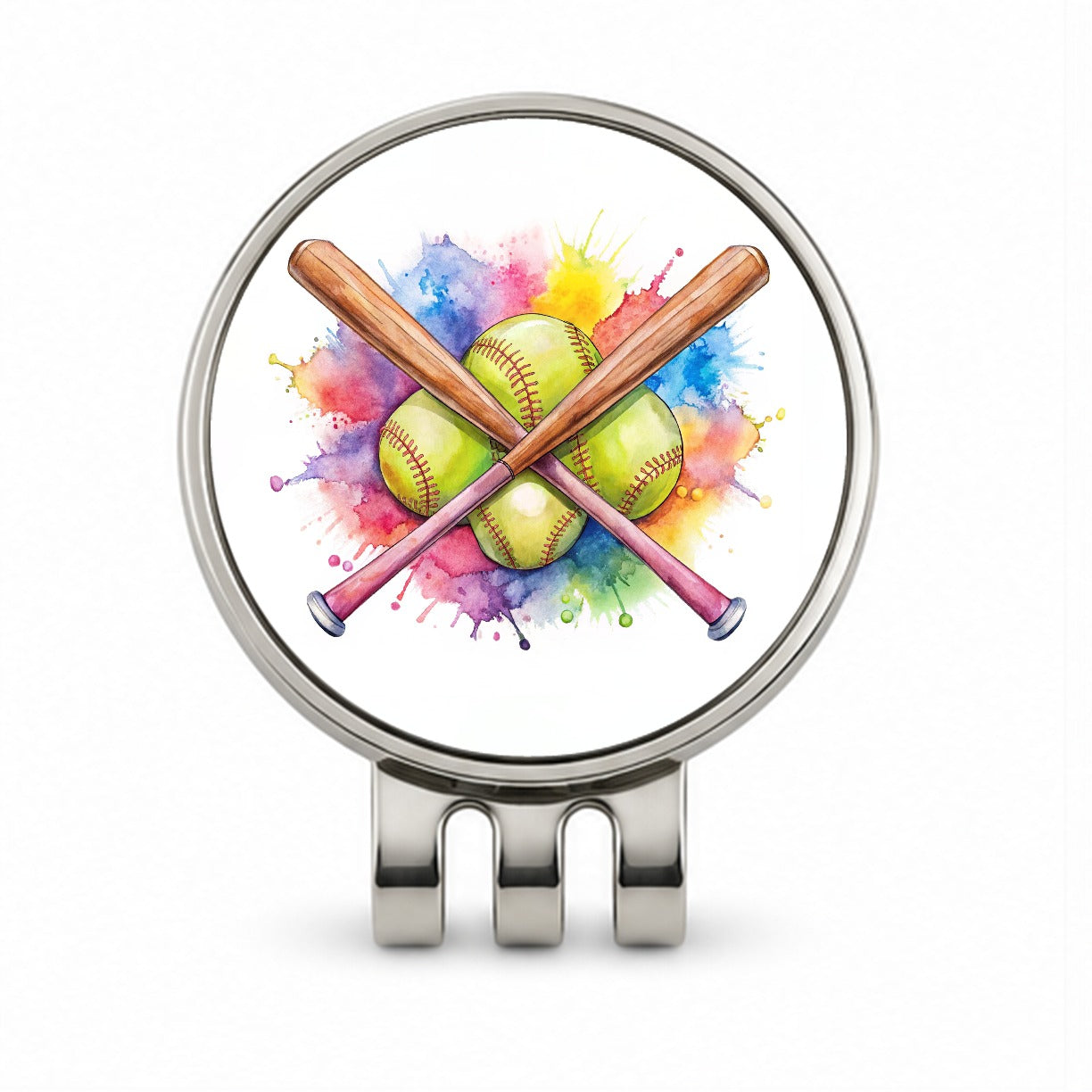 Crossed Softball Bats And Balls Watercolor Golf Hat Clip with Ball Marker