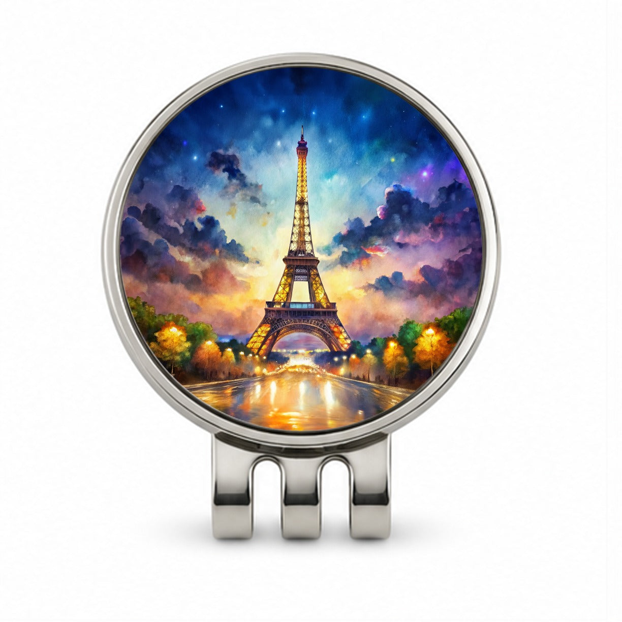 Eiffel Tower At Night Watercolor Golf Hat Clip with Ball Marker