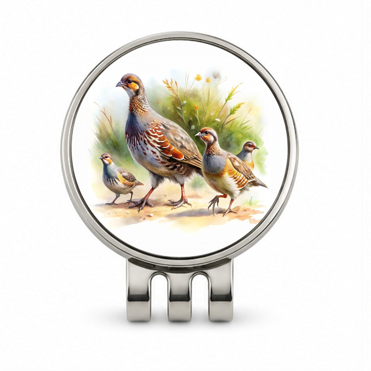 Family Of Partridges Running Watercolor Golf Hat Clip with Ball Marker