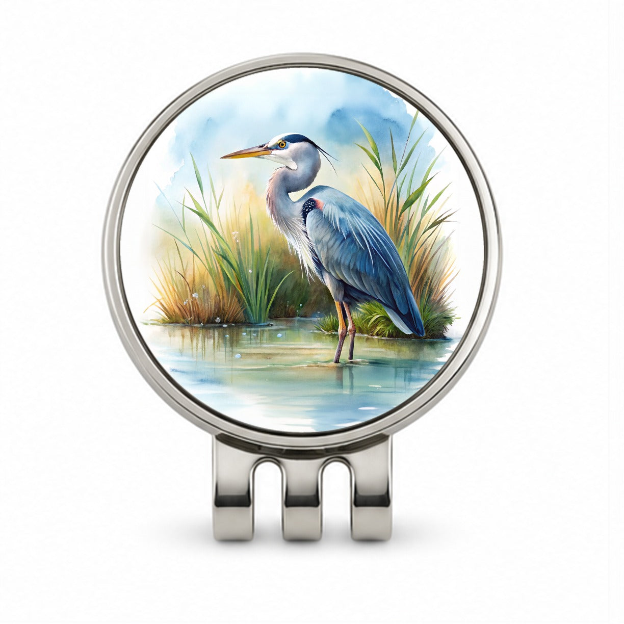 Great Blue Heron Standing In Marsh Pond Watercolor Golf Hat Clip with Ball Marker