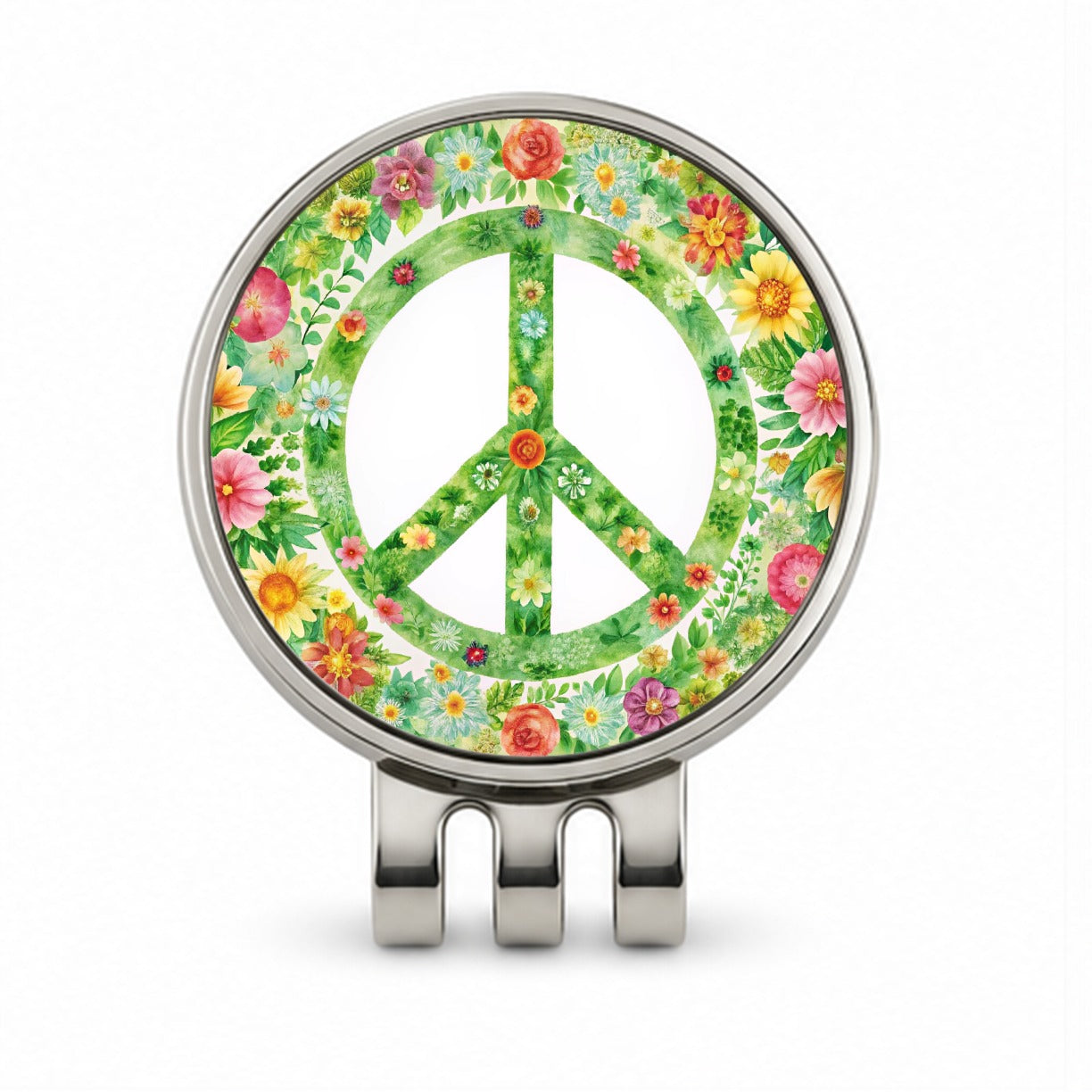 Green Peace Symbol Hippie Floral Watercolor Golf Hat Clip with Ball Marker