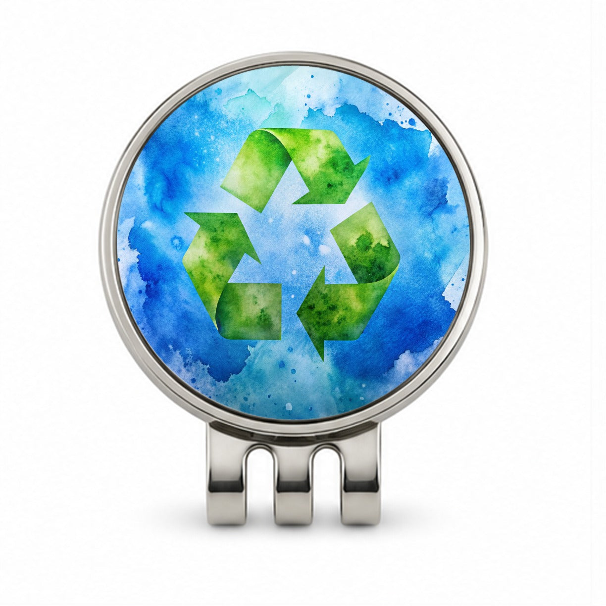Green Recycle Symbol On A Blue Background Watercolor Golf Hat Clip with Ball Marker