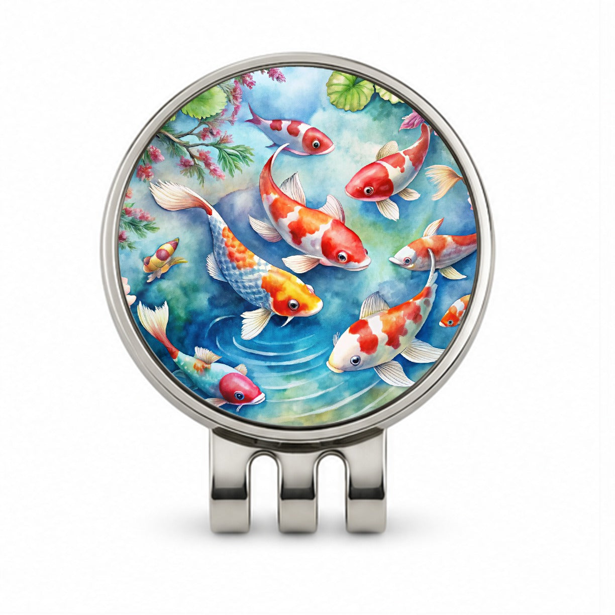 Japanese Koi Pond Scene Watercolor Golf Hat Clip with Ball Marker