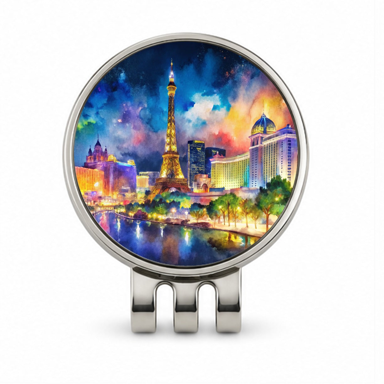 Las Vegas Strip At Night Watercolor Golf Hat Clip with Ball Marker
