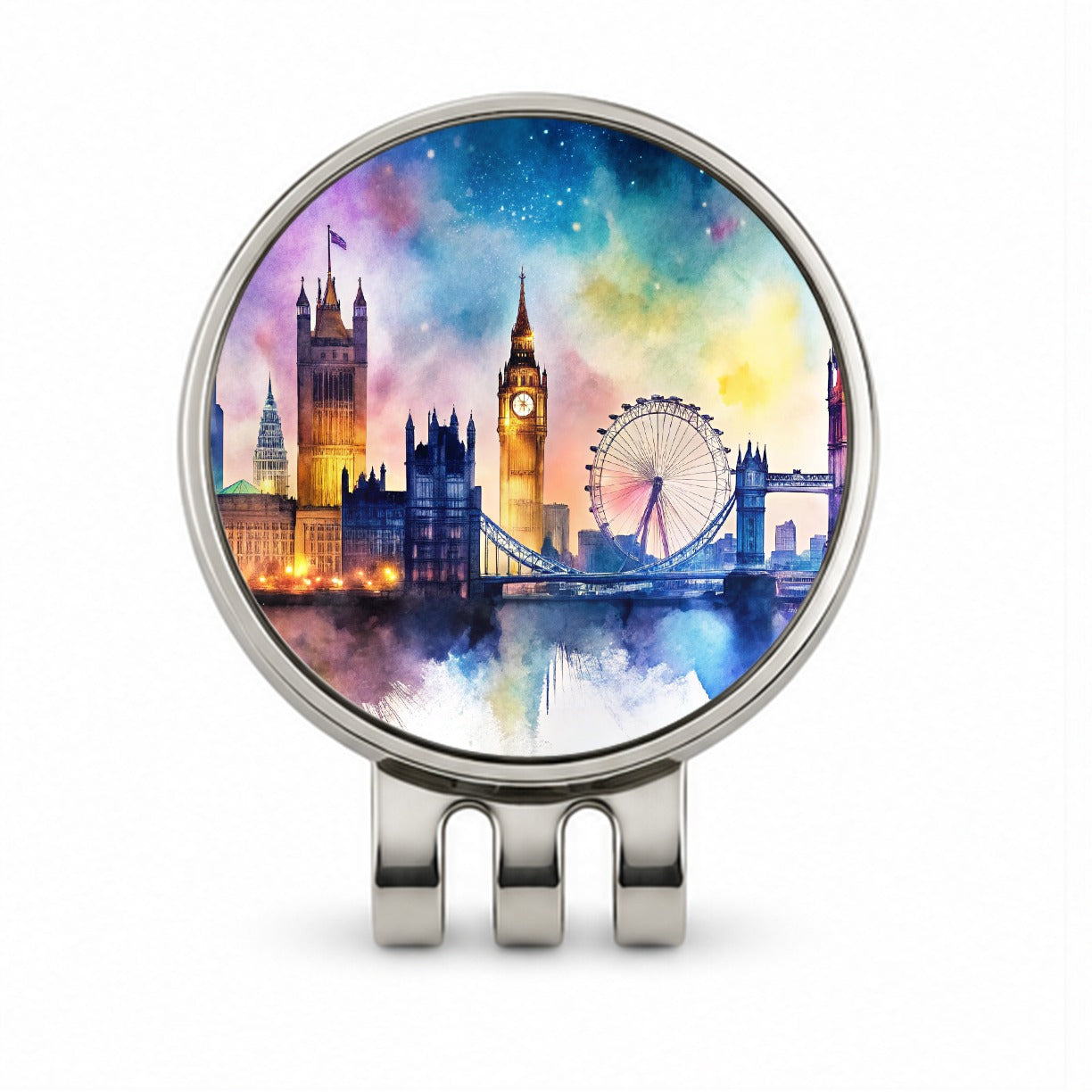 London Skyline At Night Scene Watercolor Golf Hat Clip with Ball Marker