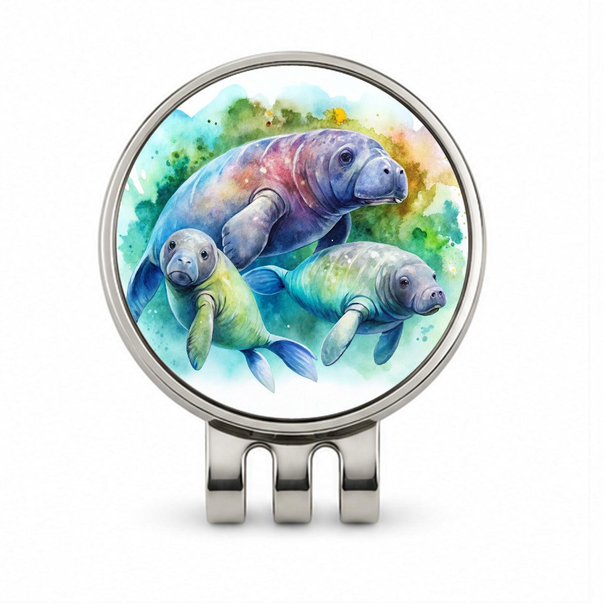Manatees Family Watercolor Golf Hat Clip with Ball Marker