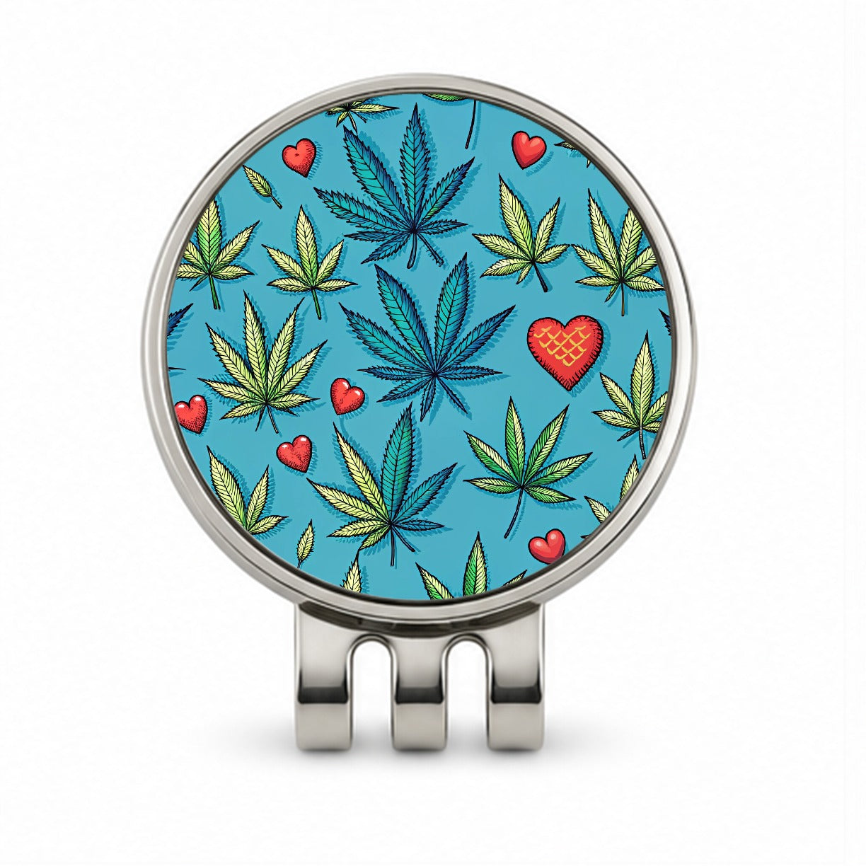 Marijuana Leaves And Hearts Blue Background Golf Hat Clip with Ball Marker