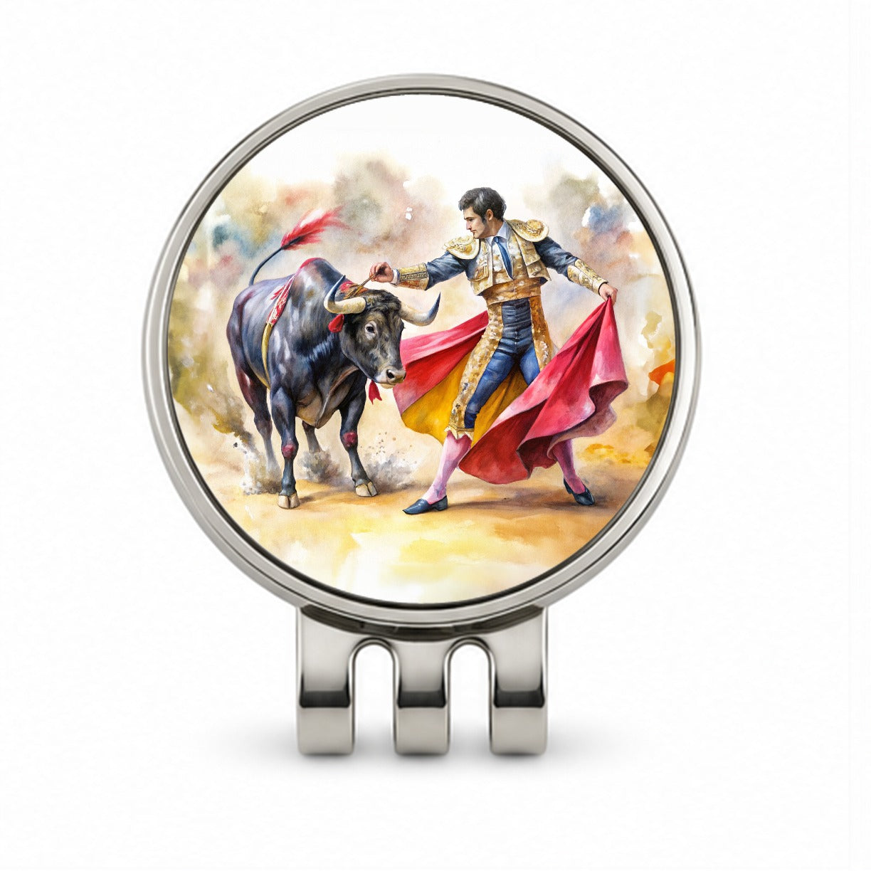 Matador And Bull Fighting In Ring Watercolor Golf Hat Clip with Ball Marker